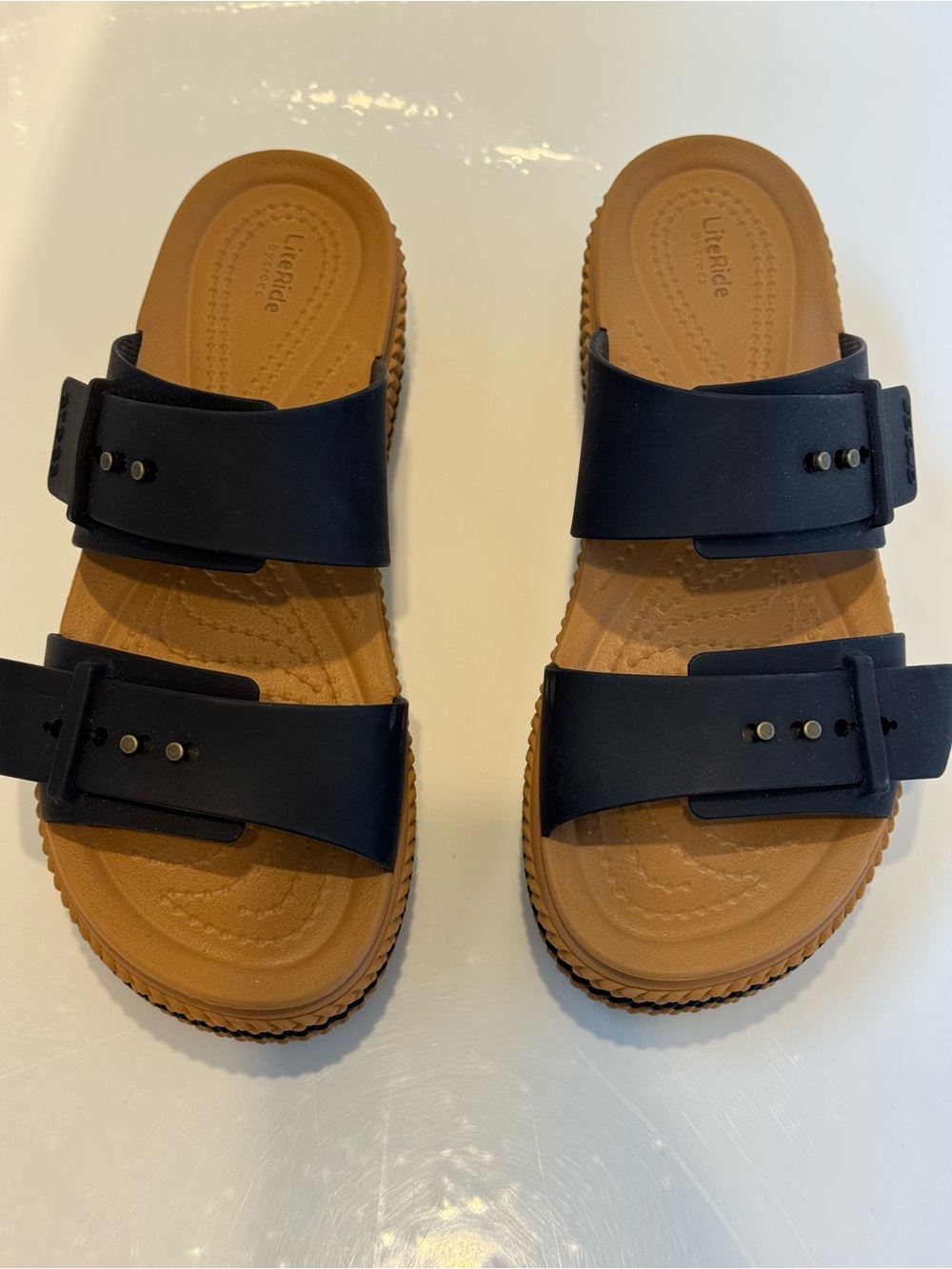Crocs LiteRide Women’s Size 5 Black Tan Two Strap Slide Sandals